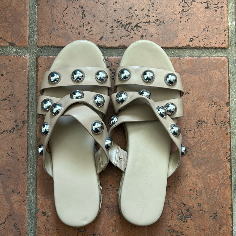 Tan and silver slide sandals